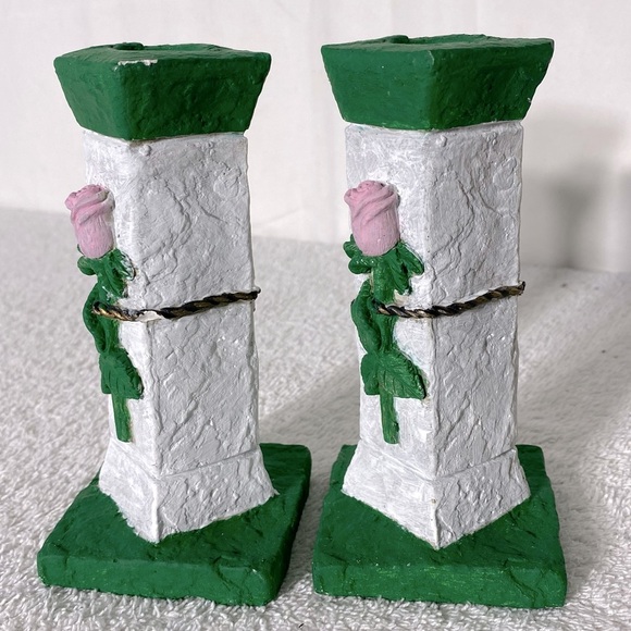 Vintage Hand Made Green White Pink Rose Candle Stick Holders - Picture 2 of 9